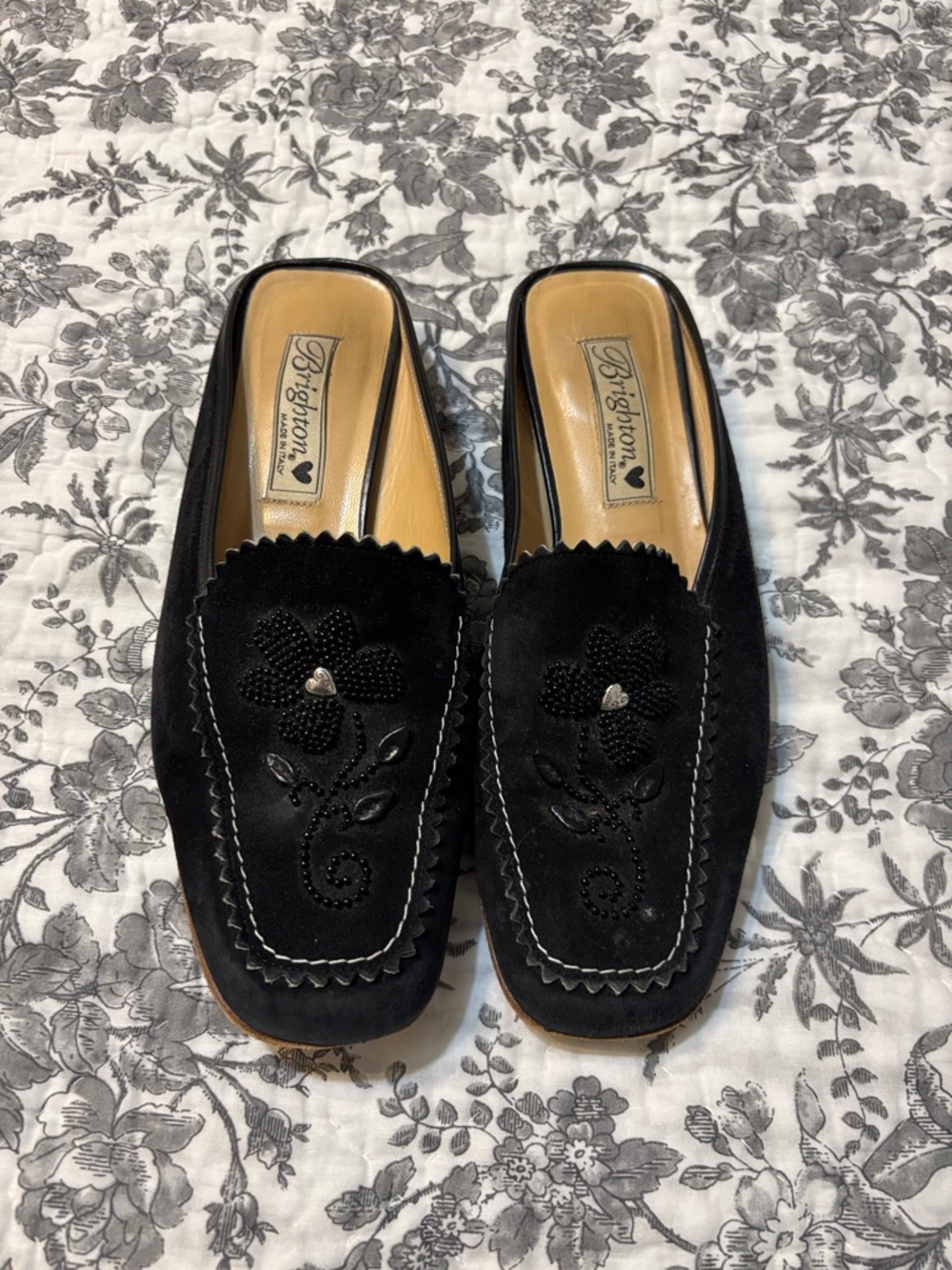 Brighton Black Suede Floral Embroidered Slip-On Mules